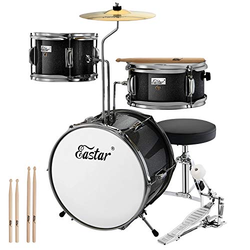 Eastar 14 inch Kids Drum Set Real 3 Pieces with Throne, Cymbal, Pedal & Drumsticks,Metallic Black (EDS-180B)