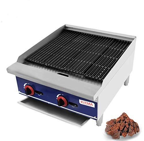 Commercial Countertop 24'' Gas Lava Rock Charbroiler - KITMA Stainless Steel Flat Top Char Rock Broiler with Grill - Restaurant Equipment, 70,000 BTU