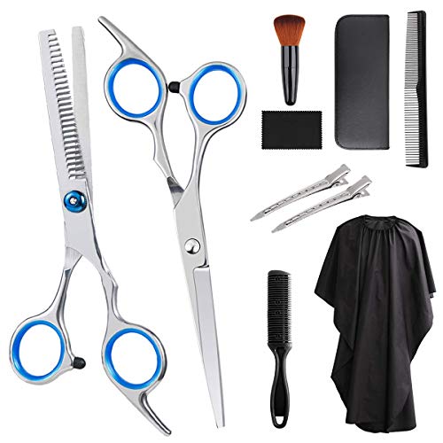 Feltom Hair Cutting Scissors Set, 10 PCS Professional Hairdressing Scissors Kit, Barber Scissors Kit, Thinning Shears, Hair Razor Comb, Clips, Cape, Shears Kit in Leather Case for Home, Barber Salon