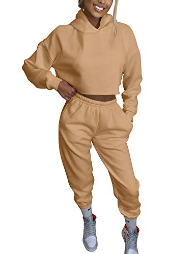 BORIFLORS Women's 2 Piece Outfits Causal Hoodie Sweatshirt and Long Pants Jogger Tracksuit Sweatpants,Small,Khaki