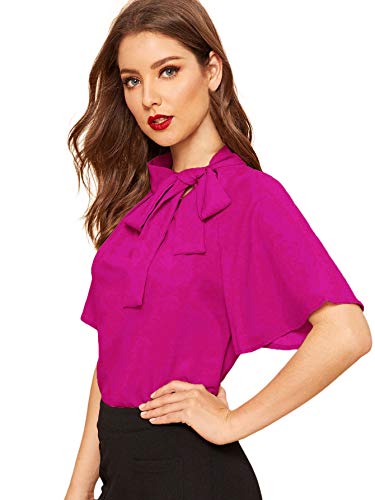 SheIn Women's Casual Side Bow Tie Neck Short Sleeve Blouse Shirt Top X-Large Hot Pink