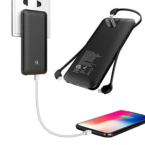 10000mAh Portable Charger, Ultra Slim Power Bank,4 Output and Dual Input External Battery Pack with Built-in AC Wall Plug Micro USB Type C Three Cables with USB Output Compatible with All mobilephone
