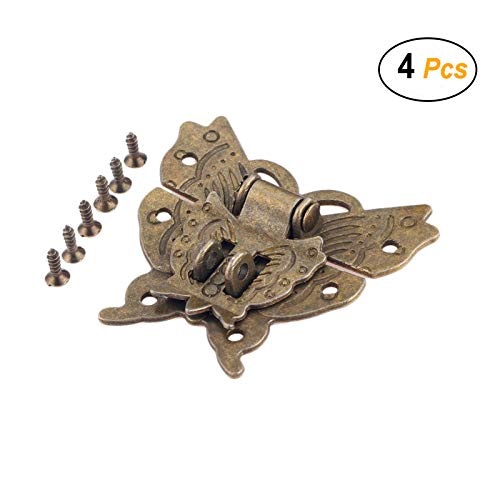 Antique Bronze Hasp Vintage Decorative Latch Jewelry Wooden Box Buckle Pad Chest Lock Cabinet Buckle Retro Furniture Hardware Accessory (Butterfly Pattern, Set of 4)