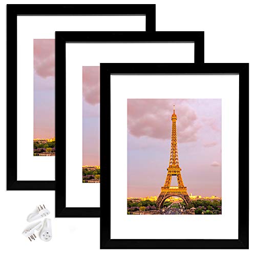 upsimples 11x14 Picture Frame Set of 3,Made of High Definition Glass for 8x10 with Mat or 11x14 Without Mat,Wall Mounting Photo Frame Black