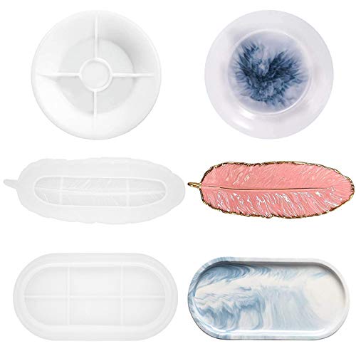 3 Pack Silicone Resin Tray Casting Molds Oval Round and Feather Shaped Epoxy Mold for Home DIY Table Decoration Craft Tray Making Faux Agate Tray Fruit Plate