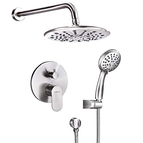 Shower System, Wall Mounted Shower Faucet Set for Bathroom with High Pressure 8' Rain Shower head and 3-Setting Handheld Shower Head, Brushed Nickel （Rough in Pressure Balance Valve Included)