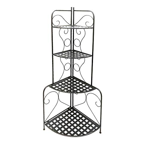 Benjara , Black Scrolled Accent Metal Foldable Corner Rack with Mesh Design Storage Shelves