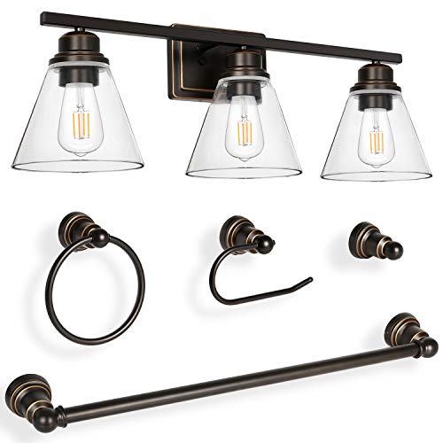 3-Light Vanity Light Fixture, 5-Piece All-in-One Bathroom Set (Led Edison Bulbs as Bonus), Oil Rubbed Bronze Wall Sconce Lighting with Glass Shads, ETL Listed
