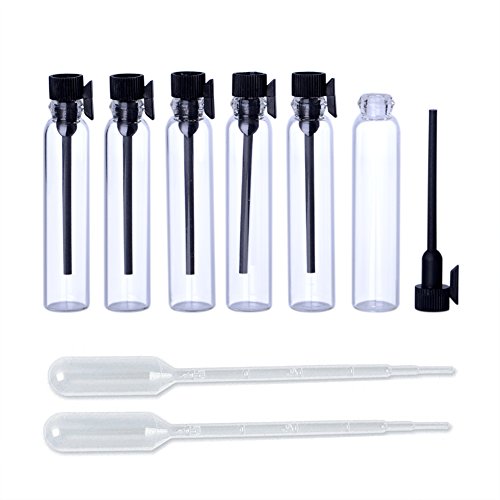 Enslz 100PCS Perfume Samples Mini Bottles with Black Lid Empty Glass Vials Dropper Bottle for Travel and Party(1ml)