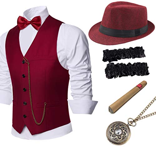 BABEYOND 1920s Mens Gatsby Gangster Vest Fedora Hat Armbands Costume Accessories Set (WineRed, XXL)