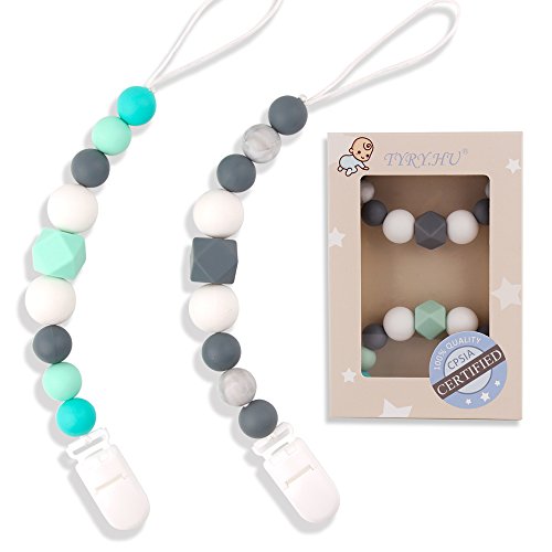 TYRY.HU Pacifier Clips Silicone Teething Beads BPA Free Binky Holder for Girls, Boys, Baby Shower Gift, Teether Toys, Soothie, Mam, Drool Bibs, Set of 2 (Green, Gray)
