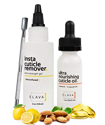 Elavae Manicure Pedicure Kit with Cuticle Oil and Cuticle Remover Gel Cream. All Natural Oil with Vitamin E and Other Nourishing Oils. Nail Softener and Strengthener. (3 Piece Kit WITH Pusher Tool)