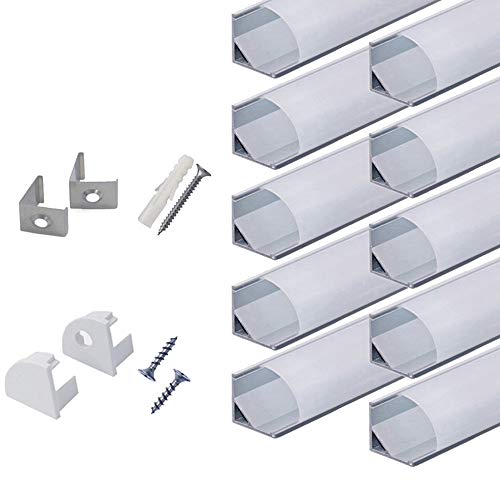 hunhun 10-Pack 6.6ft/ 2Meter V Shape LED Aluminum Channel System with Milky Cover, End Caps and Mounting Clips, Aluminum Profile for LED Strip Light Installations, Very Easy Installation