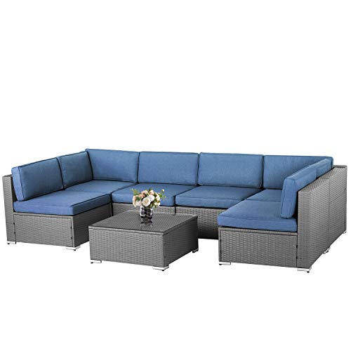 SOLAURA 7-Piece Outdoor Furniture Set, Gray Wicker Furniture Modular Sectional Sofa Set with YKK Zipper &Coffee Table - Denim Blue