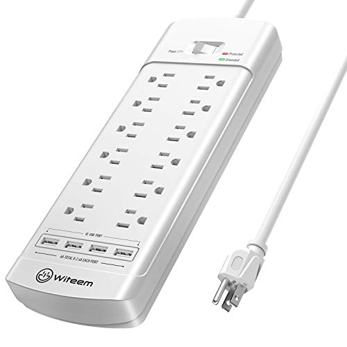 Power Strip,Witeem Surge Protector with 12-Outlet (1875W/15A,4360Joules) and 4 USB Charging Ports (5V/6A,30W),6Ft Extension Cord,Wall Mountable Overload Protection Outlet for Home & Office, White