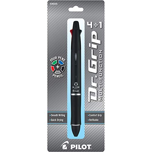PILOT Dr. Grip 4+1 Multi-Function Refillable & Retractable Ballpoint Pen + Pencil, Fine Point, Black Barrel, Black/Red/Blue/Green Inks, Single Pen (36220)