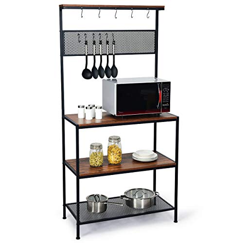 Giantex Kitchen Baker's Rack, Industrial Microwave Oven Stand, Mesh Panel with 11 Hooks, Storage Shelves for Utensils, Metal Frame, Standing Cupboard, Easy Assembly (Rustic Brown)