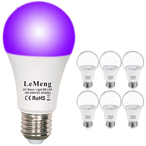 LeMeng UV LED Black Lights Bulb 9W Ultraviolet A19(60W 75Watt Equivalent), E26 Medium Base 120V, UVA Level 395-400nm, Glow in The Dark for Blacklights Party, Body Paint, Fluorescent Poster- 6 Pack