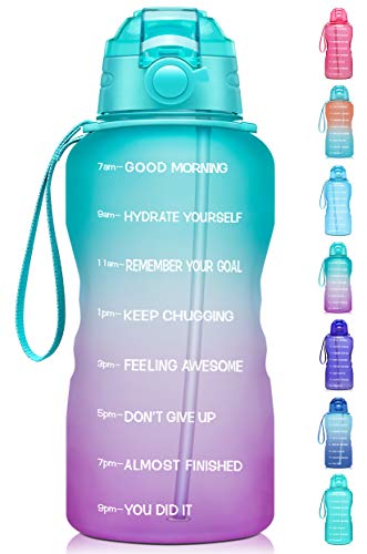Giotto Large 1 Gallon/128oz Motivational Water Bottle with Time Marker & Straw,Leakproof Tritan BPA Free Water Jug,Ensure You Drink Enough Water Daily for Fitness,Gym and Outdoor-Green/Purple