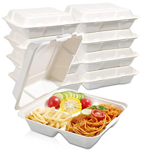 WDF 100Pack 100% Compostable Food Containers- 3 Compartment Biodegradable Clamshell Take Out Food Containers-8inch Togo Containers with Lid Made of Sugar Cane Fibers-Microwave Safe