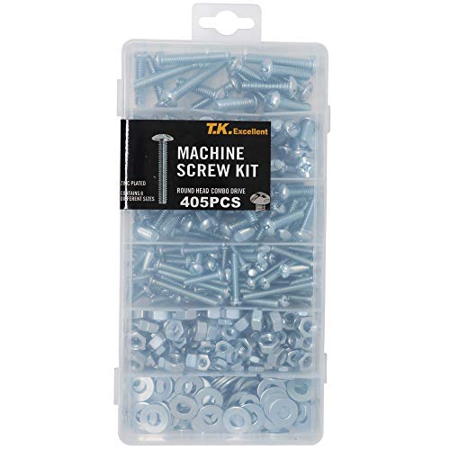T.K.Excellent Machine Screw and Hex Nut and Flat Washer #8-32 to #1/4-20 Phillips-Slotted Round Head Combo Drive Bolt Assortment Kit,405 Pcs