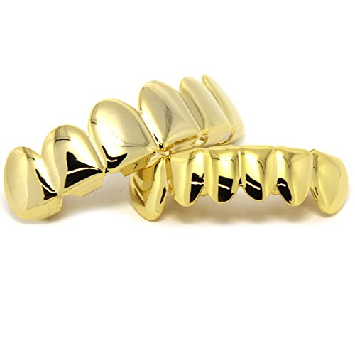 Jewel Town New Custom Fit 14k Gold Plated Hip Hop Teeth Grillz Caps Top & Bottom Grill Set