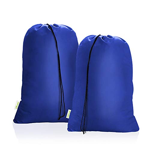 OTraki Heavy Duty Large Laundry Bags 2 Pack 28 x 45 inch XL Drawstring Travel Organizer Bag Fit Hamper Basket Camp Home College Dorm Tear Resistant Dirty Cloth Big Storage, Three Loads of Clothes Blue