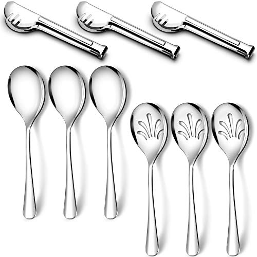 Stainless Steel Metal Serving Utensils - Large Set of 9-10' Spoons, 10' Slotted Spoons, and 9' Tongs by Teivio