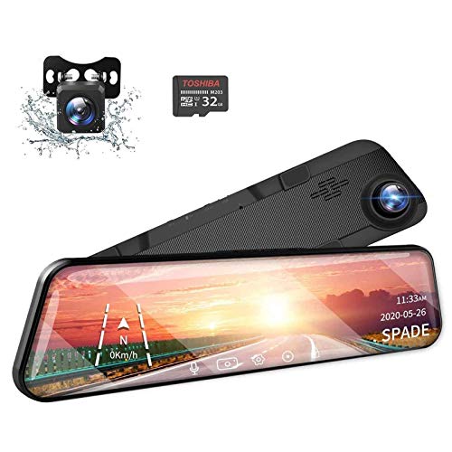 SPADE 12' 2.5K Mirror Dash Cam Touch Screen Voice Control, GPS Tracking, Waterproof Backup Rear View Camera, Loop Recording, Night Vision, Parking Monitor(32GB SD Card Included)