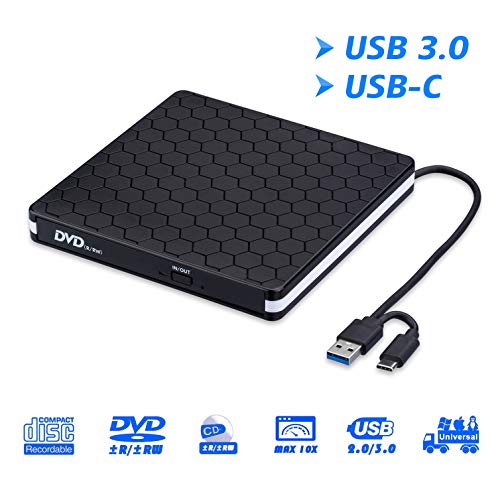 External DVD Drive for Laptop, Portable High-Speed USB-C&USB 3.0 CD Burner/DVD Reader Writer for PC Desktops, Compatible with Windows/Mac OSX/Linux (USB C&3.0)