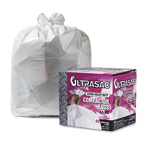 Ultrasac Trash Compactor Bags - (40 Pack with Ties) 18 Gallon for 15 inch Compactors - 25' x 35' Heavy Duty 2.5 MIL Garbage Disposal Bags Compatible with Kitchenaid Kenmore Whirlpool GE Gladiator