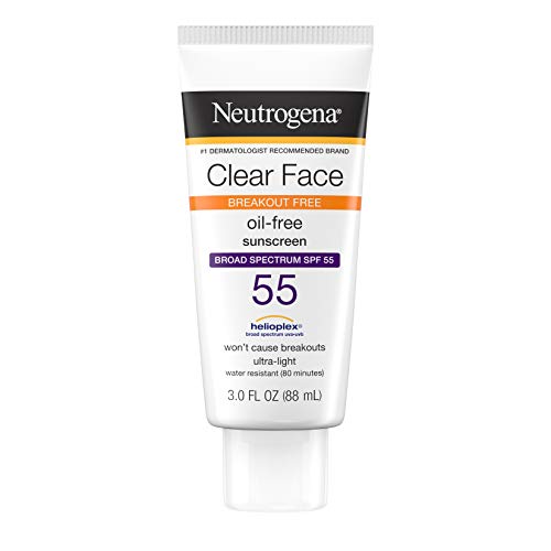Neutrogena Clear Face Liquid Lotion Sunscreen for Acne-Prone Skin, Broad Spectrum SPF 55 with Helioplex Technology, Oil-Free, Fragrance-Free & Non-Comedogenic, 3 fl. oz