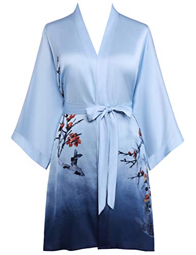 PRODESIGN Short Kimono Robe Satin Sleepwear Gradient Watercolor Silky Kimono Nightgown Bathrobe Kimono Cardigan Cover Up (Blue)
