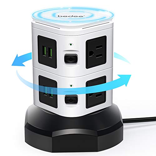 Bedee Power Strip Tower with Fast Wireless Charger, 6 AC Outlets 4 USB Ports Surge Protector Vertical Electric Charging Station, 3000W 13A 16AWG 6.5ft Heavy Duty Retractable Cord for Office Home Shop