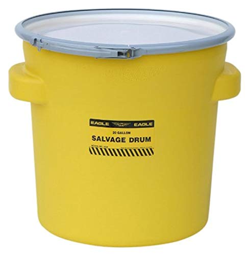 Eagle 1654 Yellow Blow-Molded HDPE Salvage Drum with Metal Ring Lever-Lock Lid, 20 gallon Capacity, 21' Height, 21' Diameter