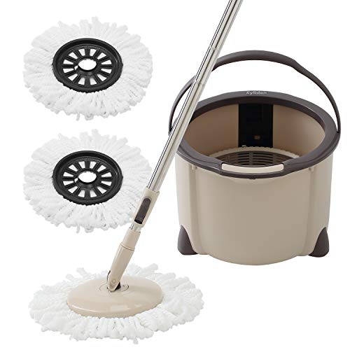 Eyliden Microfiber Mop Buckets System, 360 Spin Rapid Dehydration Dust Mop Buckets with 2 Mop Pads, Adjustable Handle, Dry and Wet Mops, Commercial & Home Mop and Bucket for Floor Cleaning (Brown)