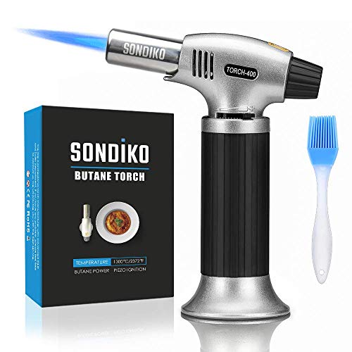 Sondiko Butane Torch, Culinary Torch Refillable Kitchen Butane Torch Lighter with Safety Lock and Adjustable Flame for Desserts, Creme Brulee, BBQ and Baking(Butane Gas Not Included)
