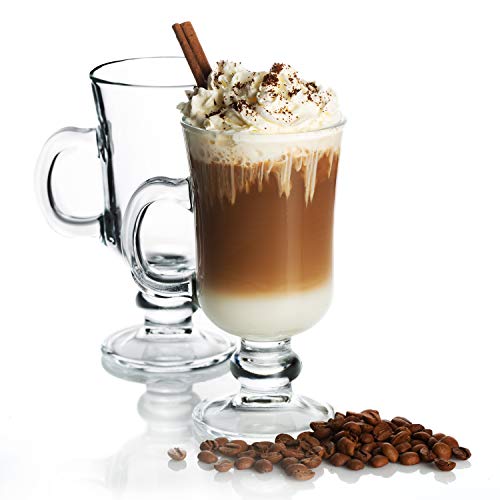 Irish Glass Coffee Mugs, Latte Cups, Set of 2 Cappuccino and Hot Chocolate Mugs with Handle, Clear Glass Mugs for Hot Beverages, 7 3/4 oz