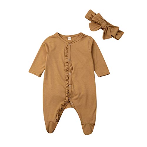 Asashitenel 2Pcs Newborn Baby Boy Girl Long Sleeve Romper Ruffle Footies Bodysuit Sleepwear Pyjamas + Headband (0-3 Months,Yellow Long Sleeve Jumpsuit + Headband)