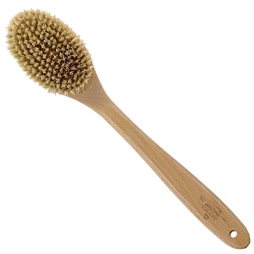 Kent FD10 Beechwood Wood Long Handle Shower Bath Body Brush. For Skin Exfoliate and Massage. 100% Boar Bristles. Best Back Body, Foot and Leg Scrubber Brushing for Wet and Dry Body. Made in England
