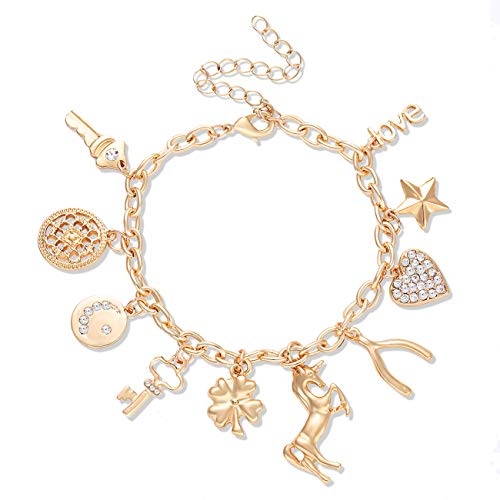 CEALXHENY Women’s Charm Bracelet Polished Unicorn Star Clover Drops Rhinestone Paved Heart Pendant Bangle Bracelets (Gold)
