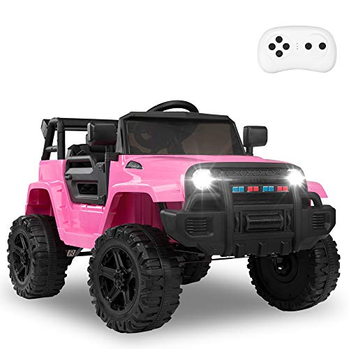 JOYMOR Ride on Truck with Remote Control, 4 Wheels 12V Battery Powered Kids Car, with LED Headlight/Horn Button/ MP3 Player/USB Port/ Forward Backward/Kids Girl Boy (Pink)