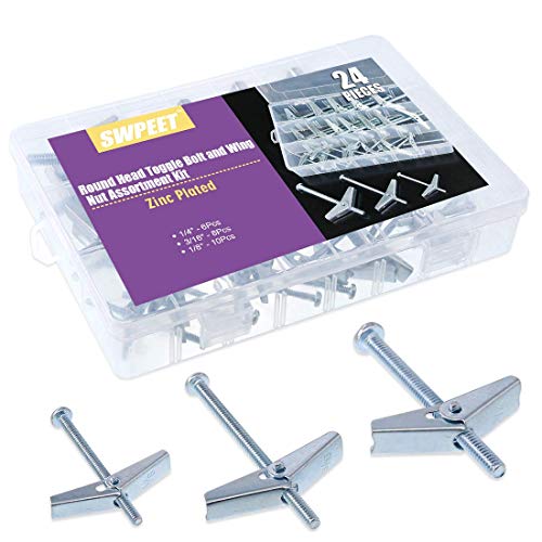 Swpeet Assorted 24 Pcs Toggle Bolt and Wing Nut Kit for Hanging Heavy Items on Drywall - 1/8 Inch, 3/16Inch, 1/4Inch