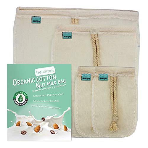 Bellamei Nut Milk Bag Reusable 4 Pack Organic Cotton Food Strainer Colander Nut Bags for Almond Milk,Juice,Cold Brew Coffee,Tea,Yogurt,Cheese,Bone Broth,Sprouting (4 pack - 12'x12' /8'x10' /4'x6')