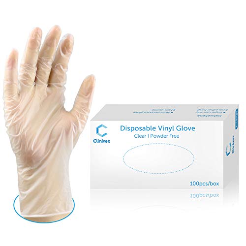 Clinivex Clear Vinyl Gloves, Box of 100pcs, Latex-Free, Powder Free Disposable Gloves (Medium)