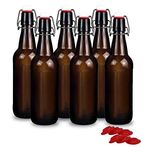 YEBODA 16 oz Amber Glass Beer Bottles for Home Brewing with Flip Caps, Case of 6