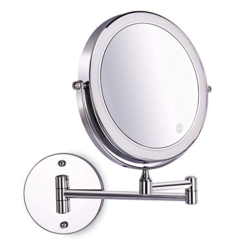 8 Inch Wall Mounted Makeup Mirror Adjustable LED Light Touch Screen 1X/10X Magnifying Two Sided 360° Swivel Extendable Vanity Mirror for Bathroom Chrome Finished Powered by Batteries