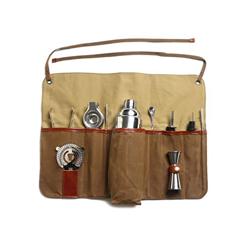 Travel Bartender Kit Apron Canvas Genuine Leather Bar Apron for Wine Bottles Portable Bar Tool Set for Home Cocktail Making, Work, Parties Brown