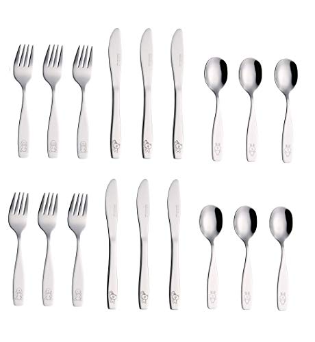 Exzact Stainless Steel 18 Pieces Childrens Flatware/Kids Silverware/Cutlery Set - 6 x Safe Forks, 6 x Safe Table Knives, 6 x Tablespoons - Safe Toddler Utensils (Engraved Dog Cat Bunny)