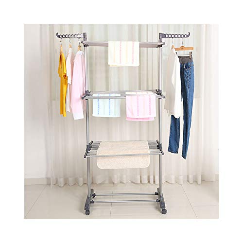 bigzzia Clothes Drying Rack, 3-Tier Collapsible, Rolling, Stainless Laundry Dryer Hanger with Casters for Indoor (Gray)